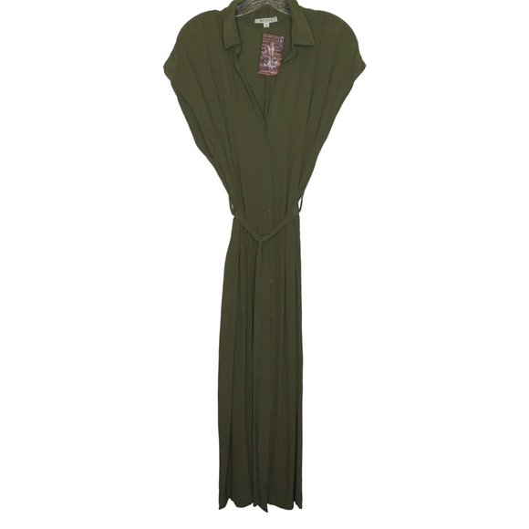 No Rest for Briget Arrays Shirt Dress M Olive Green Midi Sleeveless Belt Buttons - Picture 15 of 16